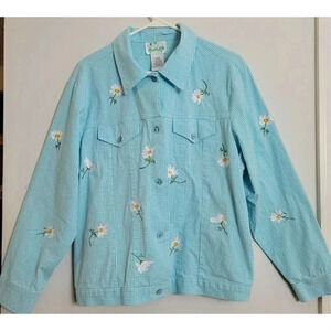Quacker Factory Women Button Down Shirt Jacket Floral Embroidery Blue Plaid Sz S
